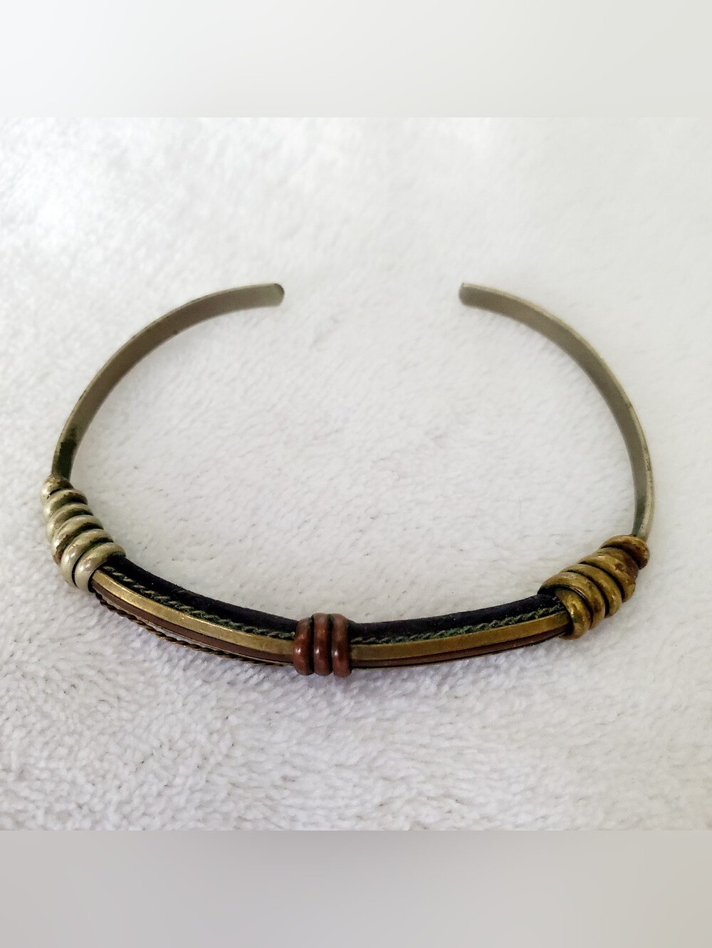 Mixed Metal Leather Accent Cuff Bracelet - Brown & Gold Tones Minimalist Design